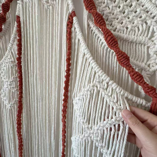 Two-Tone Macrame Wall Curtain, Hand Knotted Hollow Cotton Room Divider Tapestry with Long Tassel Fringe,www.kongzeglobal.com,Two-Tone Macrame Wall Curtain, Hand Knotted Hollow Cotton Room Divider Tapestry with Long Tassel Fringe-www.kongzeglobal.com