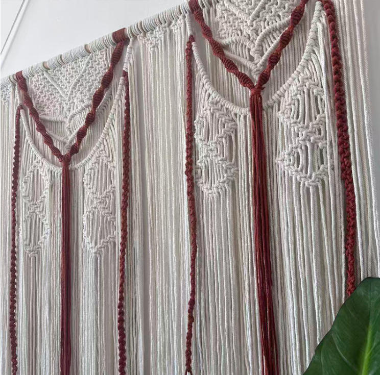 Two-Tone Macrame Wall Curtain, Hand Knotted Hollow Cotton Room Divider Tapestry with Long Tassel Fringe,www.kongzeglobal.com,Two-Tone Macrame Wall Curtain, Hand Knotted Hollow Cotton Room Divider Tapestry with Long Tassel Fringe-www.kongzeglobal.com