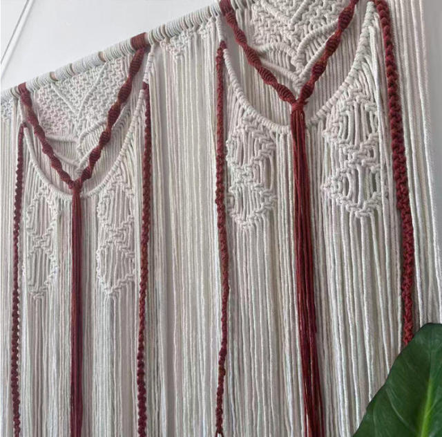 Two-Tone Macrame Wall Curtain, Hand Knotted Hollow Cotton Room Divider Tapestry with Long Tassel Fringe,www.kongzeglobal.com,Two-Tone Macrame Wall Curtain, Hand Knotted Hollow Cotton Room Divider Tapestry with Long Tassel Fringe-www.kongzeglobal.com