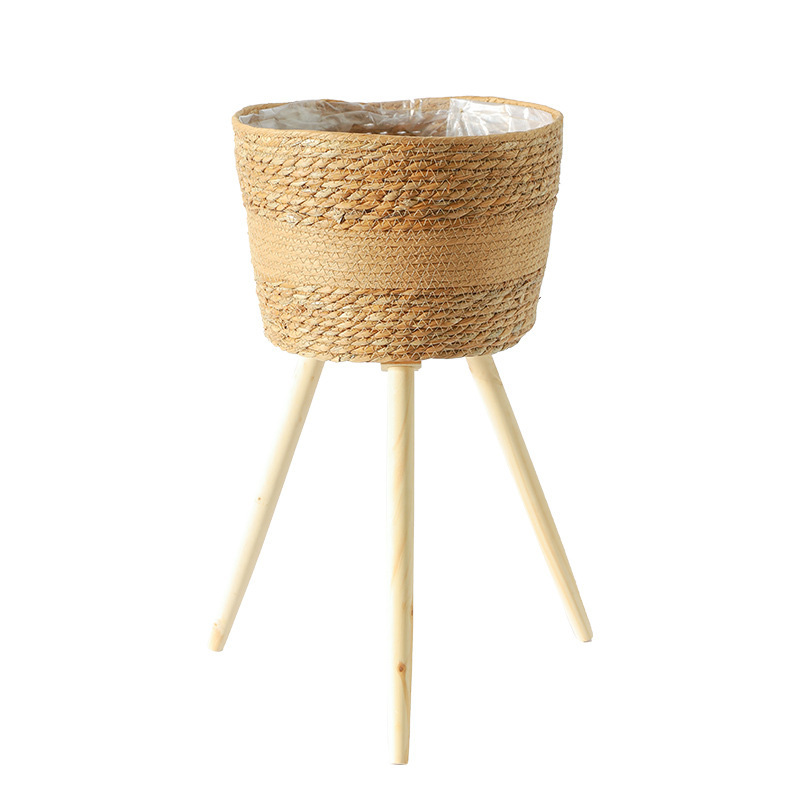Standing Straw Woven Plant Basket with Tripod Wooden Legs, Elevated Floor Flower Pot Holder for Indoor Balcony Greenery Decor,www.kongzeglobal.com,Standing Straw Woven Plant Basket with Tripod Wooden Legs, Elevated Floor Flower Pot Holder for Indoor Balcony Greenery Decor-www.kongzeglobal.com