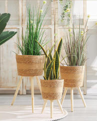 Standing Straw Woven Plant Basket with Tripod Wooden Legs, Elevated Floor Flower Pot Holder for Indoor Balcony Greenery Decor,www.kongzeglobal.com,Standing Straw Woven Plant Basket with Tripod Wooden Legs, Elevated Floor Flower Pot Holder for Indoor Balcony Greenery Decor-www.kongzeglobal.com