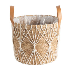Diamond Net Natural Straw Woven Plant Basket, Dual Handle Cylindrical Flower Pot Cover with Waterproof Liner for Indoor Balcony Greenery Storage,www.kongzeglobal.com,Diamond Net Natural Straw Woven Plant Basket, Dual Handle Cylindrical Flower Pot Cover with Waterproof Liner for Indoor Balcony Greenery Storage-www.kongzeglobal.com