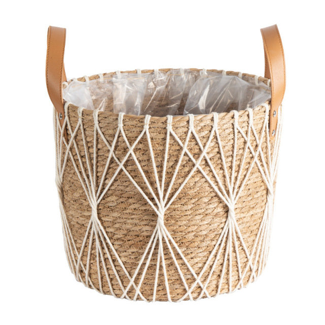 Diamond Net Natural Straw Woven Plant Basket, Dual Handle Cylindrical Flower Pot Cover with Waterproof Liner for Indoor Balcony Greenery Storage,www.kongzeglobal.com,Diamond Net Natural Straw Woven Plant Basket, Dual Handle Cylindrical Flower Pot Cover with Waterproof Liner for Indoor Balcony Greenery Storage-www.kongzeglobal.com