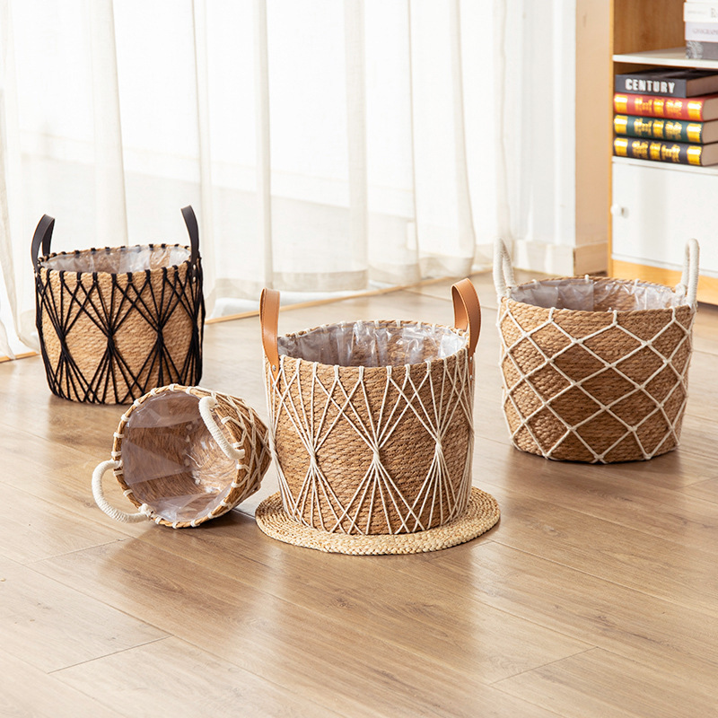 Diamond Net Natural Straw Woven Plant Basket, Dual Handle Cylindrical Flower Pot Cover with Waterproof Liner for Indoor Balcony Greenery Storage,www.kongzeglobal.com,Diamond Net Natural Straw Woven Plant Basket, Dual Handle Cylindrical Flower Pot Cover with Waterproof Liner for Indoor Balcony Greenery Storage-www.kongzeglobal.com