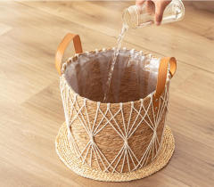 Diamond Net Natural Straw Woven Plant Basket, Dual Handle Cylindrical Flower Pot Cover with Waterproof Liner for Indoor Balcony Greenery Storage,www.kongzeglobal.com,Diamond Net Natural Straw Woven Plant Basket, Dual Handle Cylindrical Flower Pot Cover with Waterproof Liner for Indoor Balcony Greenery Storage-www.kongzeglobal.com