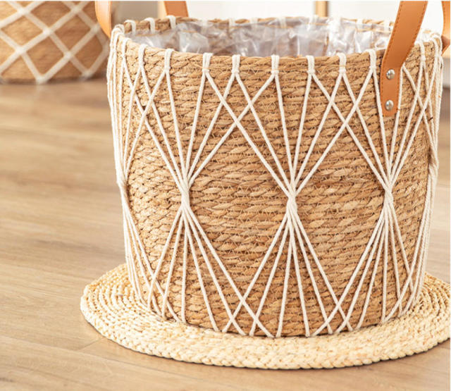 Diamond Net Natural Straw Woven Plant Basket, Dual Handle Cylindrical Flower Pot Cover with Waterproof Liner for Indoor Balcony Greenery Storage,www.kongzeglobal.com,Diamond Net Natural Straw Woven Plant Basket, Dual Handle Cylindrical Flower Pot Cover with Waterproof Liner for Indoor Balcony Greenery Storage-www.kongzeglobal.com