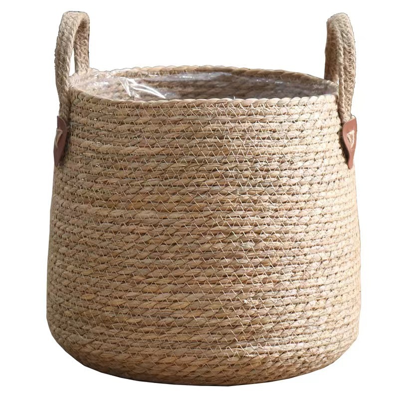 Simple Round Natural Straw Woven Plant Basket, Dual Handle Floor Flower Pot Cover for Indoor Large Greenery Decor Storage,www.kongzeglobal.com,Simple Round Natural Straw Woven Plant Basket, Dual Handle Floor Flower Pot Cover for Indoor Large Greenery Decor Storage-www.kongzeglobal.com