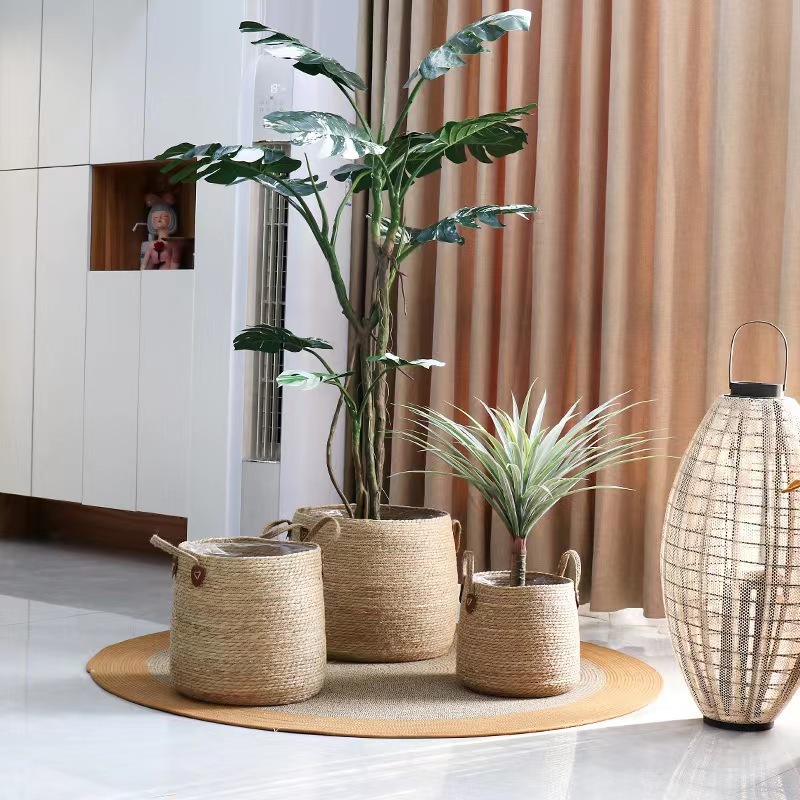 Simple Round Natural Straw Woven Plant Basket, Dual Handle Floor Flower Pot Cover for Indoor Large Greenery Decor Storage,www.kongzeglobal.com,Simple Round Natural Straw Woven Plant Basket, Dual Handle Floor Flower Pot Cover for Indoor Large Greenery Decor Storage-www.kongzeglobal.com