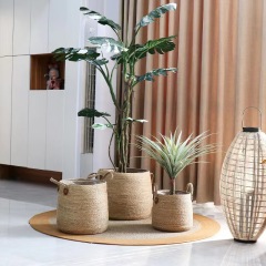 Simple Round Natural Straw Woven Plant Basket, Dual Handle Floor Flower Pot Cover for Indoor Large Greenery Decor Storage,www.kongzeglobal.com,Simple Round Natural Straw Woven Plant Basket, Dual Handle Floor Flower Pot Cover for Indoor Large Greenery Decor Storage-www.kongzeglobal.com