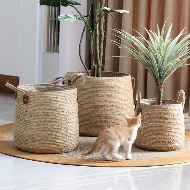 Simple Round Natural Straw Woven Plant Basket, Dual Handle Floor Flower Pot Cover for Indoor Large Greenery Decor Storage,www.kongzeglobal.com,Simple Round Natural Straw Woven Plant Basket, Dual Handle Floor Flower Pot Cover for Indoor Large Greenery Decor Storage-www.kongzeglobal.com