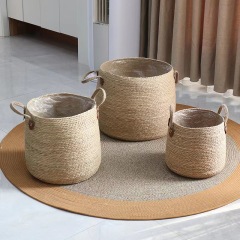 Simple Round Natural Straw Woven Plant Basket, Dual Handle Floor Flower Pot Cover for Indoor Large Greenery Decor Storage,www.kongzeglobal.com,Simple Round Natural Straw Woven Plant Basket, Dual Handle Floor Flower Pot Cover for Indoor Large Greenery Decor Storage-www.kongzeglobal.com