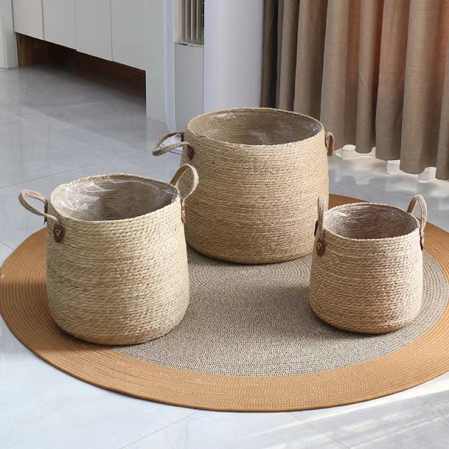 Simple Round Natural Straw Woven Plant Basket, Dual Handle Floor Flower Pot Cover for Indoor Large Greenery Decor Storage,www.kongzeglobal.com,Simple Round Natural Straw Woven Plant Basket, Dual Handle Floor Flower Pot Cover for Indoor Large Greenery Decor Storage-www.kongzeglobal.com