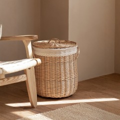Lidded Natural Willow Woven Laundry Basket, Dual Handle Round Dirty Clothes Hamper with Lace Cotton Liner for Bathroom Homestay Storage,www.kongzeglobal.com,Lidded Natural Willow Woven Laundry Basket, Dual Handle Round Dirty Clothes Hamper with Lace Cotton Liner for Bathroom Homestay Storage-www.kongzeglobal.com