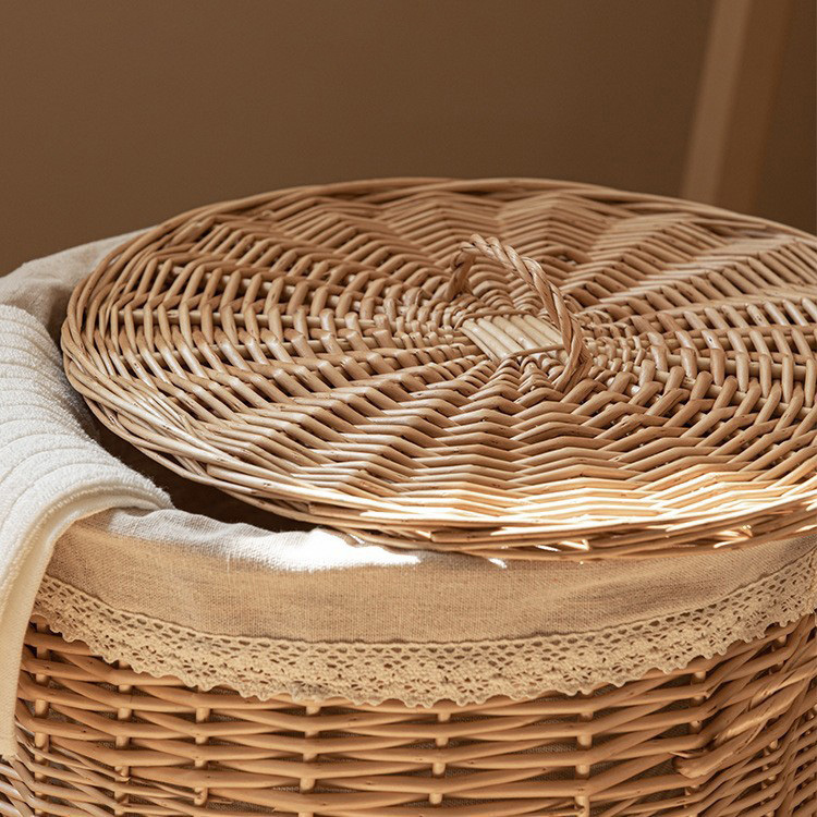Lidded Natural Willow Woven Laundry Basket, Dual Handle Round Dirty Clothes Hamper with Lace Cotton Liner for Bathroom Homestay Storage,www.kongzeglobal.com,Lidded Natural Willow Woven Laundry Basket, Dual Handle Round Dirty Clothes Hamper with Lace Cotton Liner for Bathroom Homestay Storage-www.kongzeglobal.com