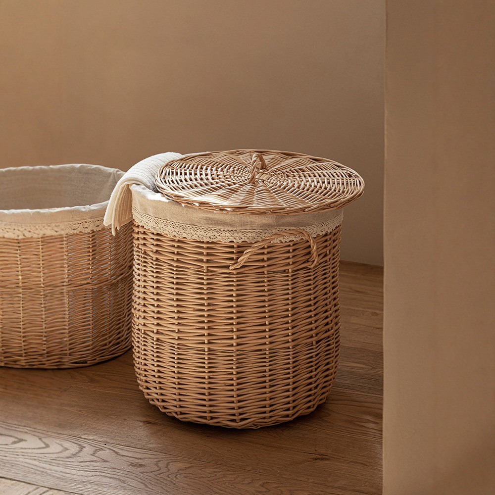 Lidded Natural Willow Woven Laundry Basket, Dual Handle Round Dirty Clothes Hamper with Lace Cotton Liner for Bathroom Homestay Storage,www.kongzeglobal.com,Lidded Natural Willow Woven Laundry Basket, Dual Handle Round Dirty Clothes Hamper with Lace Cotton Liner for Bathroom Homestay Storage-www.kongzeglobal.com