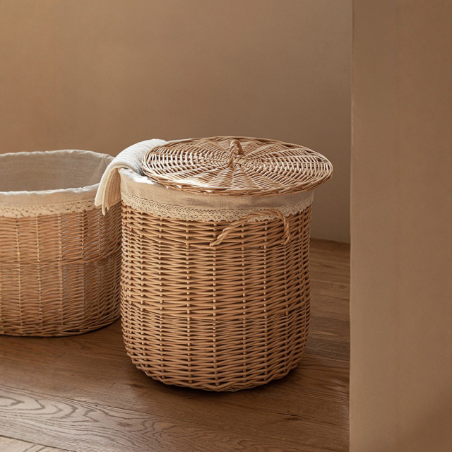 Lidded Natural Willow Woven Laundry Basket, Dual Handle Round Dirty Clothes Hamper with Lace Cotton Liner for Bathroom Homestay Storage,www.kongzeglobal.com,Lidded Natural Willow Woven Laundry Basket, Dual Handle Round Dirty Clothes Hamper with Lace Cotton Liner for Bathroom Homestay Storage-www.kongzeglobal.com