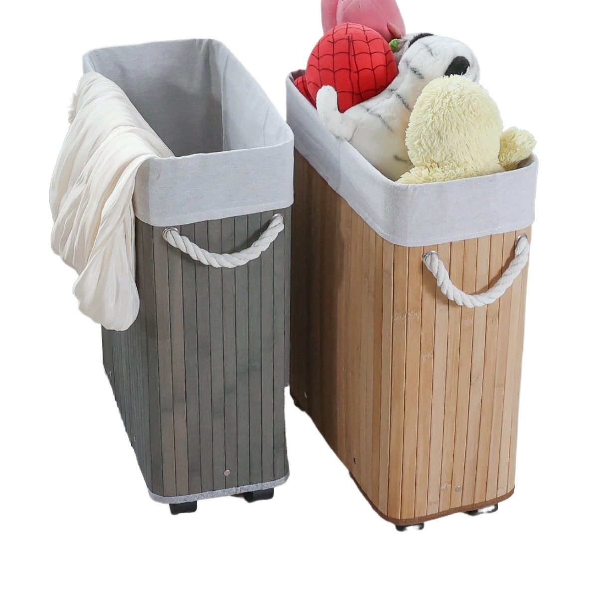 Carbonized Bamboo Slat Rolling Laundry Hamper, Wheeled Rectangular Storage Basket with Cotton Liner, Optional Lid Design,www.kongzeglobal.com,Carbonized Bamboo Slat Rolling Laundry Hamper, Wheeled Rectangular Storage Basket with Cotton Liner, Optional Lid Design-www.kongzeglobal.com