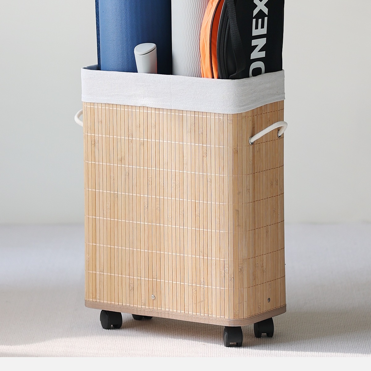 Carbonized Bamboo Slat Rolling Laundry Hamper, Wheeled Rectangular Storage Basket with Cotton Liner, Optional Lid Design,www.kongzeglobal.com,Carbonized Bamboo Slat Rolling Laundry Hamper, Wheeled Rectangular Storage Basket with Cotton Liner, Optional Lid Design-www.kongzeglobal.com