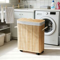 Carbonized Bamboo Slat Rolling Laundry Hamper, Wheeled Rectangular Storage Basket with Cotton Liner, Optional Lid Design,www.kongzeglobal.com,Carbonized Bamboo Slat Rolling Laundry Hamper, Wheeled Rectangular Storage Basket with Cotton Liner, Optional Lid Design-www.kongzeglobal.com
