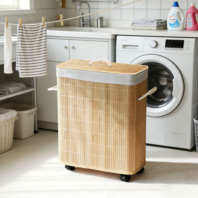 Carbonized Bamboo Slat Rolling Laundry Hamper, Wheeled Rectangular Storage Basket with Cotton Liner, Optional Lid Design,www.kongzeglobal.com,Carbonized Bamboo Slat Rolling Laundry Hamper, Wheeled Rectangular Storage Basket with Cotton Liner, Optional Lid Design-www.kongzeglobal.com
