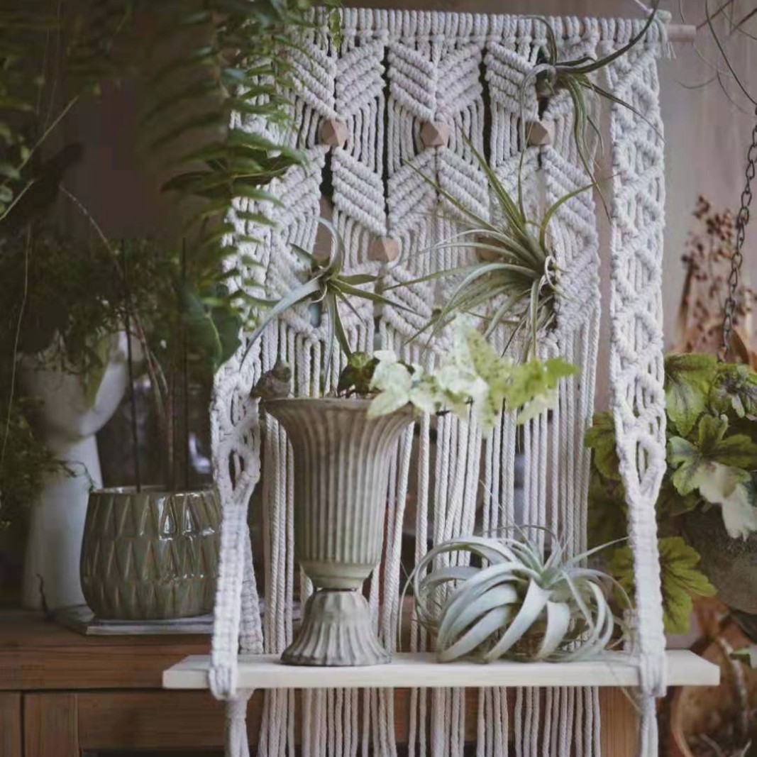 Macrame Wall Hanging Plant Shelf, Hand Knotted Cotton Tapestry with Solid Wood Display Board,www.kongzeglobal.com,Macrame Wall Hanging Plant Shelf, Hand Knotted Cotton Tapestry with Solid Wood Display Board-www.kongzeglobal.com