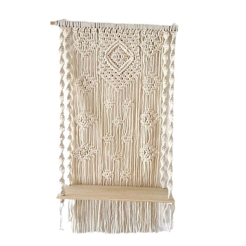 Macrame Wall Hanging Plant Shelf, Hand Knotted Cotton Tapestry with Solid Wood Display Board,www.kongzeglobal.com,Macrame Wall Hanging Plant Shelf, Hand Knotted Cotton Tapestry with Solid Wood Display Board-www.kongzeglobal.com