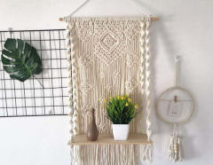 Macrame Wall Hanging Plant Shelf, Hand Knotted Cotton Tapestry with Solid Wood Display Board,www.kongzeglobal.com,Macrame Wall Hanging Plant Shelf, Hand Knotted Cotton Tapestry with Solid Wood Display Board-www.kongzeglobal.com