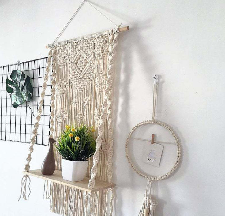 Macrame Wall Hanging Plant Shelf, Hand Knotted Cotton Tapestry with Solid Wood Display Board,www.kongzeglobal.com,Macrame Wall Hanging Plant Shelf, Hand Knotted Cotton Tapestry with Solid Wood Display Board-www.kongzeglobal.com