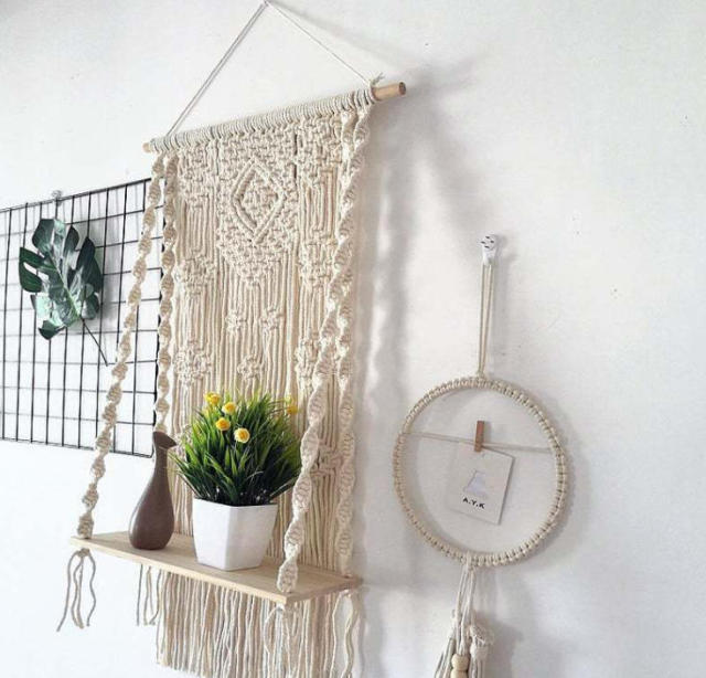 Macrame Wall Hanging Plant Shelf, Hand Knotted Cotton Tapestry with Solid Wood Display Board,www.kongzeglobal.com,Macrame Wall Hanging Plant Shelf, Hand Knotted Cotton Tapestry with Solid Wood Display Board-www.kongzeglobal.com