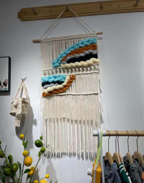 Color Block Macrame Cotton Wall Hanging, Hand Knitted Gradient Tapestry with Long Tassel Fringe,www.kongzeglobal.com,Color Block Macrame Cotton Wall Hanging, Hand Knitted Gradient Tapestry with Long Tassel Fringe-www.kongzeglobal.com
