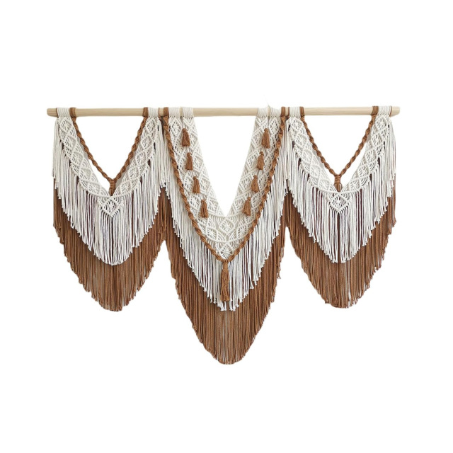 Three-Panel Two-Tone Macrame Wall Hanging, Hand Knotted V-Shape Tapestry with Dual-Layer Tassels and Wood Rod,www.kongzeglobal.com,Three-Panel Two-Tone Macrame Wall Hanging, Hand Knotted V-Shape Tapestry with Dual-Layer Tassels and Wood Rod-www.kongzeglobal.com