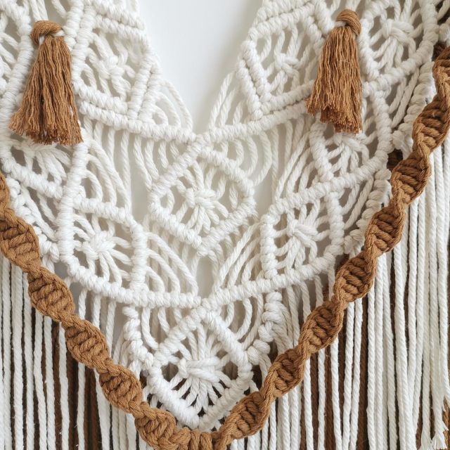 Three-Panel Two-Tone Macrame Wall Hanging, Hand Knotted V-Shape Tapestry with Dual-Layer Tassels and Wood Rod,www.kongzeglobal.com,Three-Panel Two-Tone Macrame Wall Hanging, Hand Knotted V-Shape Tapestry with Dual-Layer Tassels and Wood Rod-www.kongzeglobal.com