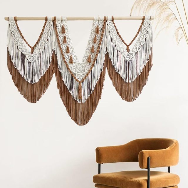 Three-Panel Two-Tone Macrame Wall Hanging, Hand Knotted V-Shape Tapestry with Dual-Layer Tassels and Wood Rod,www.kongzeglobal.com,Three-Panel Two-Tone Macrame Wall Hanging, Hand Knotted V-Shape Tapestry with Dual-Layer Tassels and Wood Rod-www.kongzeglobal.com