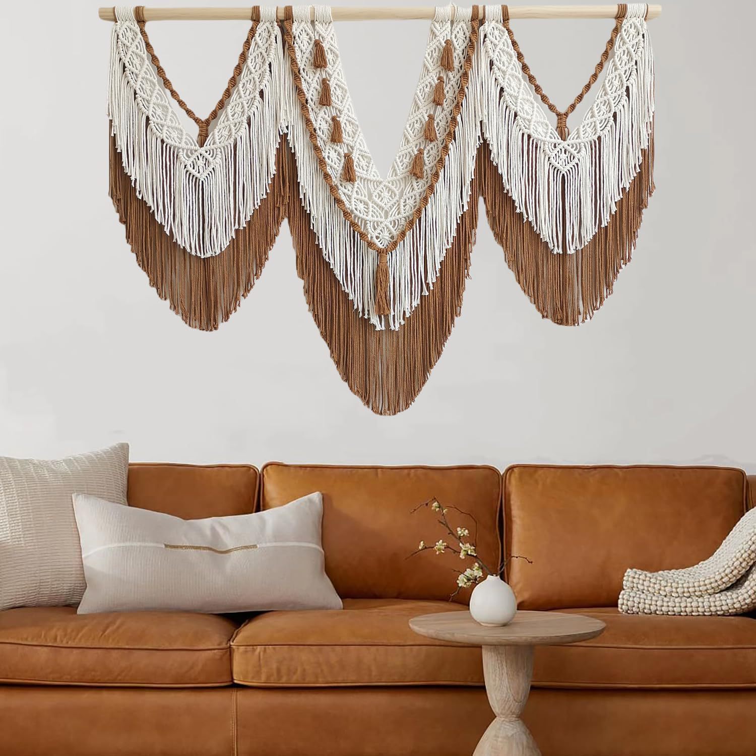 Three-Panel Two-Tone Macrame Wall Hanging, Hand Knotted V-Shape Tapestry with Dual-Layer Tassels and Wood Rod,www.kongzeglobal.com,Three-Panel Two-Tone Macrame Wall Hanging, Hand Knotted V-Shape Tapestry with Dual-Layer Tassels and Wood Rod-www.kongzeglobal.com