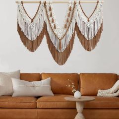 Three-Panel Two-Tone Macrame Wall Hanging, Hand Knotted V-Shape Tapestry with Dual-Layer Tassels and Wood Rod,www.kongzeglobal.com,Three-Panel Two-Tone Macrame Wall Hanging, Hand Knotted V-Shape Tapestry with Dual-Layer Tassels and Wood Rod-www.kongzeglobal.com
