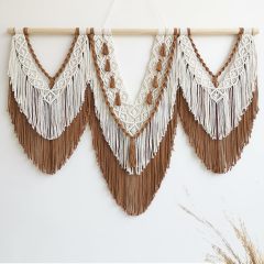 Three-Panel Two-Tone Macrame Wall Hanging, Hand Knotted V-Shape Tapestry with Dual-Layer Tassels and Wood Rod,www.kongzeglobal.com,Three-Panel Two-Tone Macrame Wall Hanging, Hand Knotted V-Shape Tapestry with Dual-Layer Tassels and Wood Rod-www.kongzeglobal.com