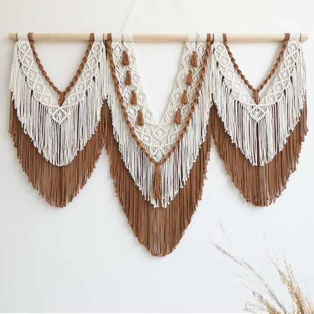 Three-Panel Two-Tone Macrame Wall Hanging, Hand Knotted V-Shape Tapestry with Dual-Layer Tassels and Wood Rod,www.kongzeglobal.com,Three-Panel Two-Tone Macrame Wall Hanging, Hand Knotted V-Shape Tapestry with Dual-Layer Tassels and Wood Rod-www.kongzeglobal.com