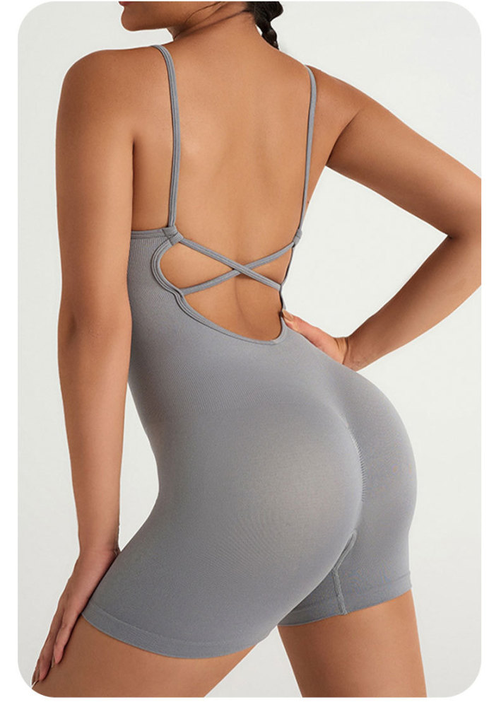 One-piece sleeveless backless yoga bodysuit with cross-back design, sports fitness bodysuit with breast pads