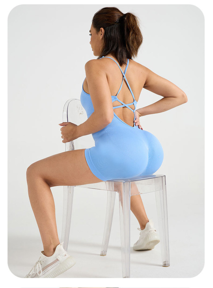 One-piece sleeveless backless yoga bodysuit with cross-back design, sports fitness bodysuit with breast pads