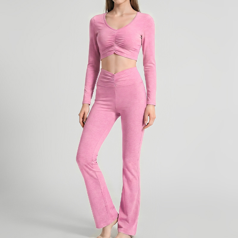 High-elastic yoga suit set, pleated sporty long-sleeved yoga wear for women, Pilates style, loose-fitting yoga wide-leg pants.