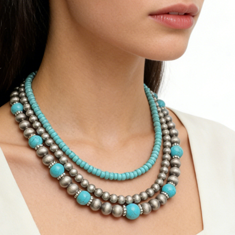 Turquoise necklace for women layered three-piece set ethnic pewter bead choker