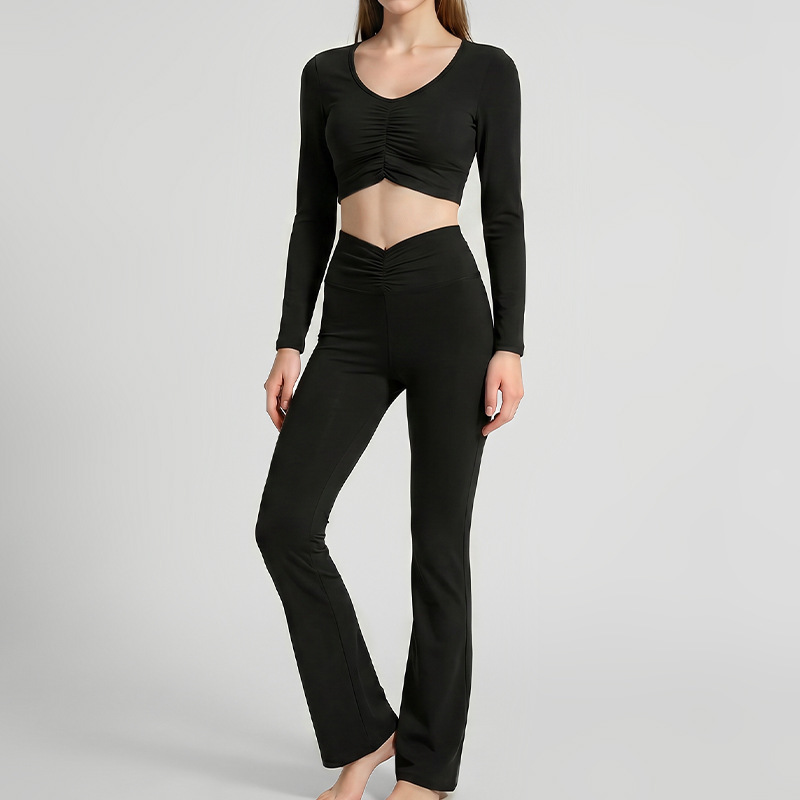 High-elastic yoga suit set, pleated sporty long-sleeved yoga wear for women, Pilates style, loose-fitting yoga wide-leg pants.