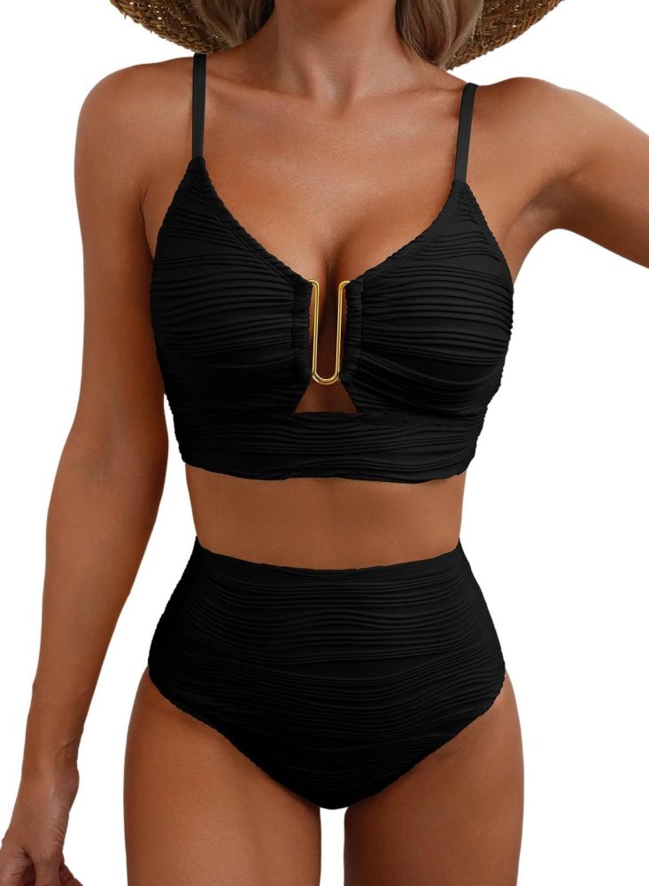 New Women's Bikini Swimsuit V-Neck, Cutout Design, High-Waisted, Textured, and Ruched