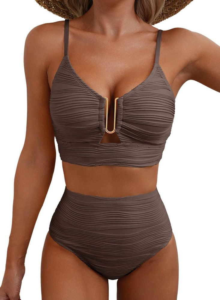 New Women's Bikini Swimsuit V-Neck, Cutout Design, High-Waisted, Textured, and Ruched