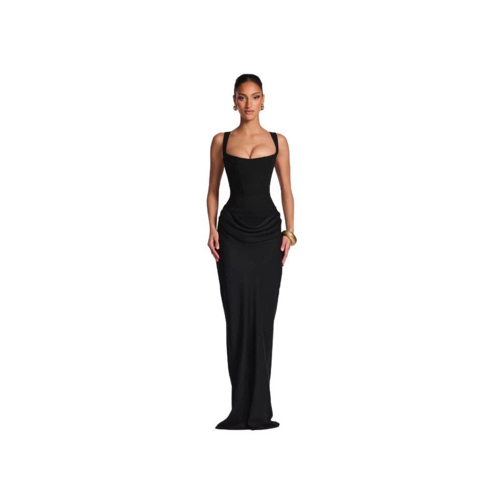 New 2026 Spring Slim-Fit Fishtail Maxi Dress Solid Color Boned Bodice Bodycon Silhouette