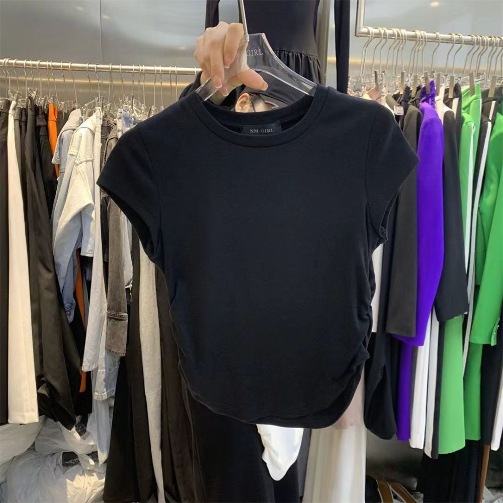 Women's Summer New Arrival: "Hot Girl" Style Solid-Color Short-Sleeve T-Shirt — Waist-Cinching, Pullover, Slim-Fit Top (Wholesale)
