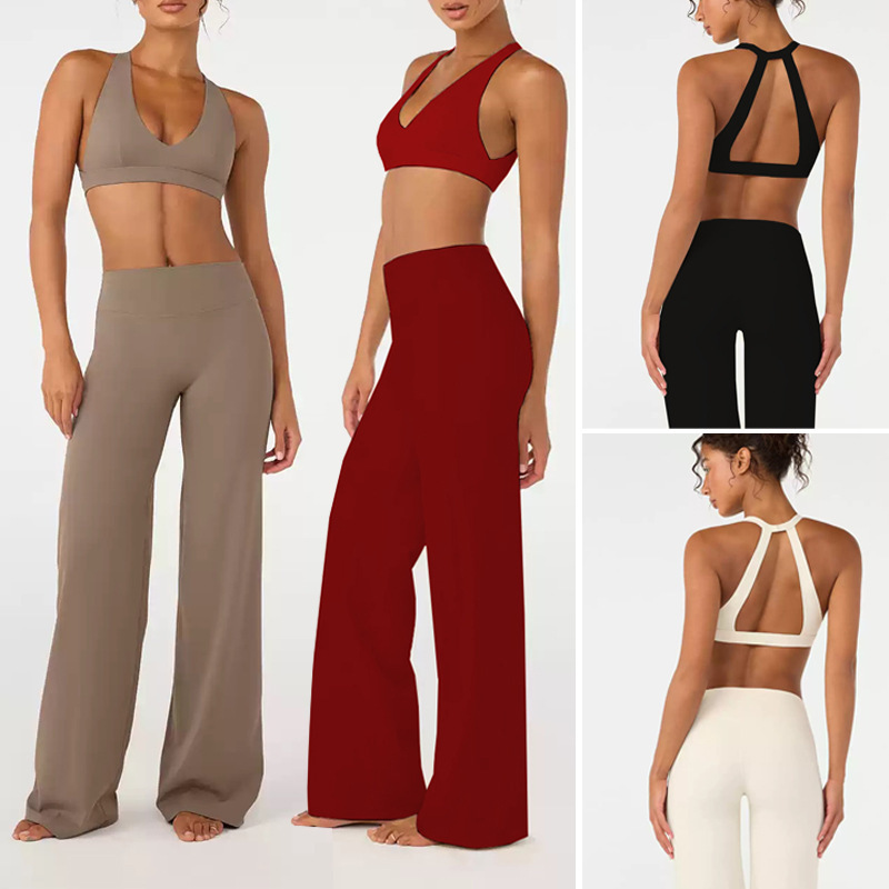 Nude-feel wrap bra with shock absorption high elasticity sports yoga wear set running and fitness wide-leg two-piece set