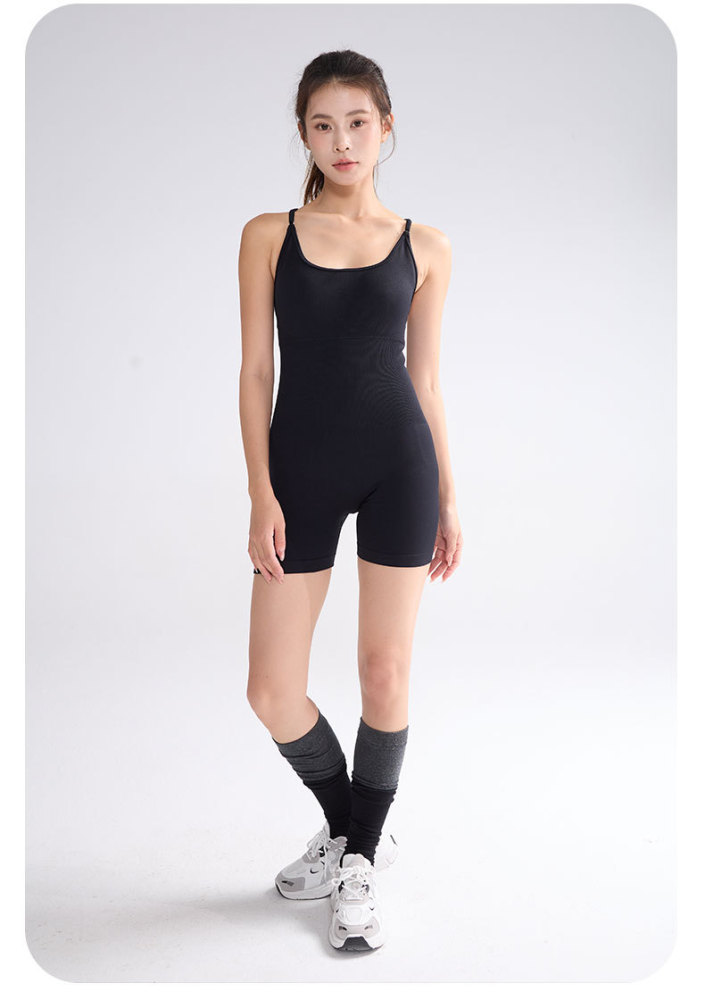 One-piece sleeveless backless yoga bodysuit with cross-back design, sports fitness bodysuit with breast pads