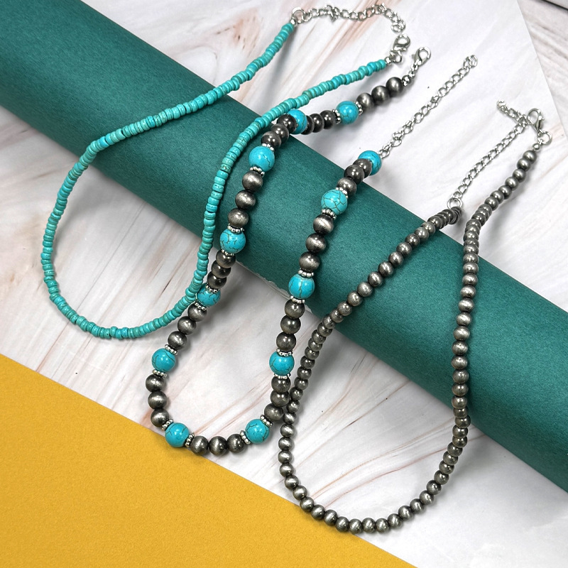 Turquoise necklace for women layered three-piece set ethnic pewter bead choker