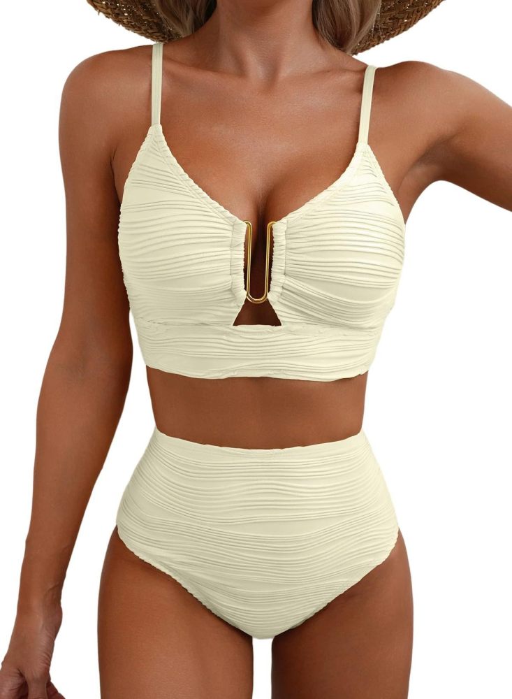 New Women's Bikini Swimsuit V-Neck, Cutout Design, High-Waisted, Textured, and Ruched